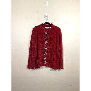 VTG Womens Embroidered Floral Collared Sweater 1X Red Cottagecore 90s Granny